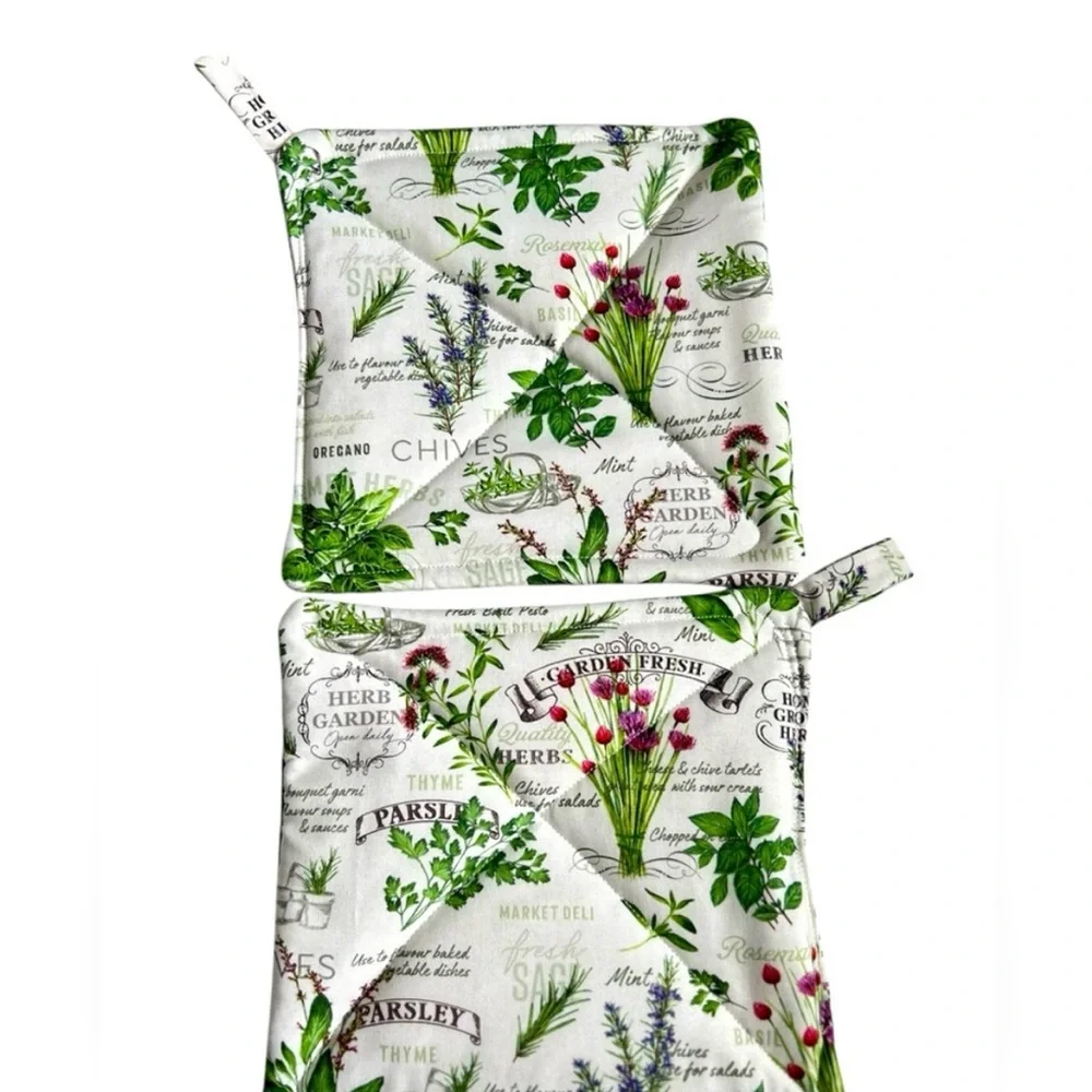 Hand Crafted Garden Herb Design Pot Holders - Green and White Hot Mat Trivet